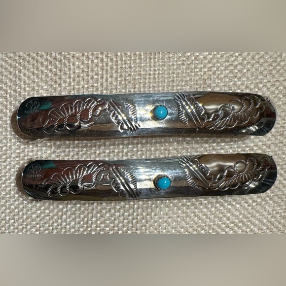 Vintage Native American Sterling Silver Turquoise Barrettes Hair Clips (2) - Picture 1 of 5